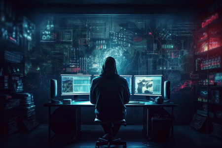 hacker with his back to the computer in a hoodie and a hood. computer data backgroundの素材