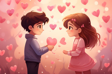 a boy gives a heart to a girl. pink background with pink hearts. illustration.love. valentines dayの素材