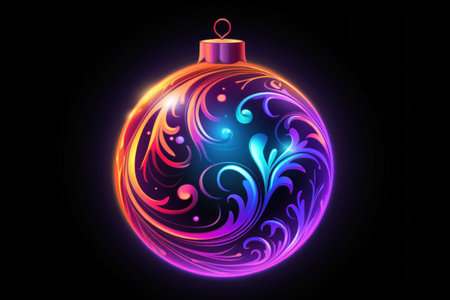 neon christmas glass tree ball with lilac neon light on black backgroundの素材