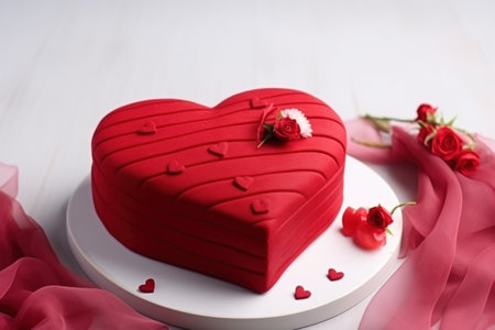 a cake in the form of a red heart on the light background with silk and roses. valentineの素材
