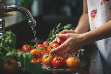 two hands wash fresh tomatoes under the tap with waterの素材