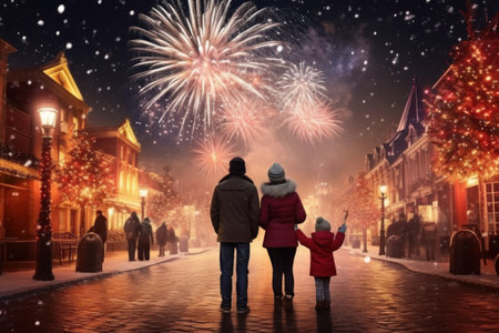 happy family watching fireworks on the street.stands with his back.new year.の素材