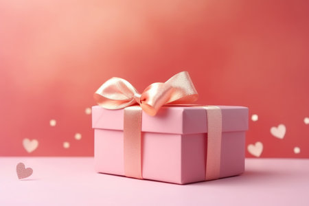pink gift, pink small hearts on pink background with pink ribbon. places for text. valentines dayの素材