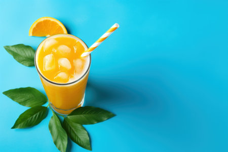 top view of orange juice or smoothie in a glass glass on a blue background. orange slice , leavesの素材
