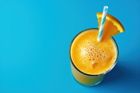 orange juice or smoothie in a glass glass on a blue background. orange slice ,view from aboveの素材