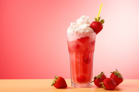 strawberry smoothie in a glass with a straw , fresh strawberries, pink backgroundの素材