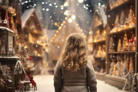a girl stands with her back in a Christmas storeの素材