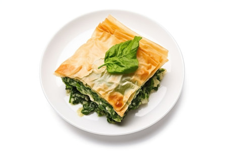 Greek Spanakopita. Flaky phyllo pastry with mixture of spinach, feta cheese, herbs on a white plateの素材
