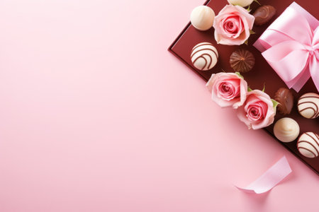 top view. postcard. pink roses with chocolate and ribbon on a pink background. place for the textの素材