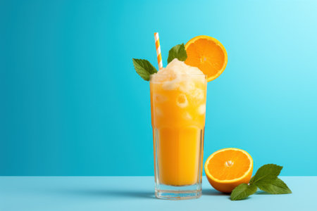 orange juice or smoothie in a glass glass on a blue background. orange sliceの素材