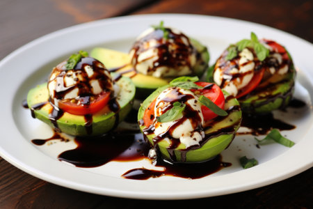 Caprese Stuffed Avocado with mozzarella, cherry tomatoes and balsamicの素材