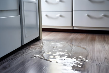 close up water on the floor in the black kitchen.flooding, neighbors, leaky faucet. High quality photoの素材