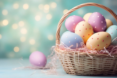 basket with colored eggs on blue soft background, easter concept.の素材