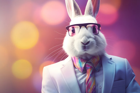 big modern rabbit in a jacket, a colored tie and glasses on a soft bed background.の素材