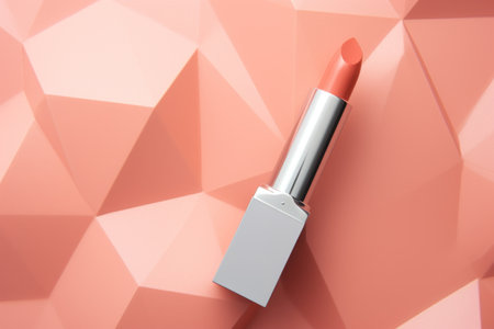 Flat lay peach-colored lipstick on a geometric background. The tonality of the peach fuzz color of the year 2024.の素材