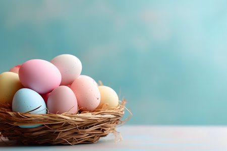 basket with colored eggs on blue soft background, easter concept.の素材