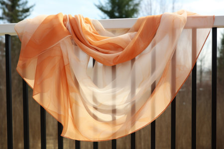A peach-white scarf hangs against the background of nature. lightness femininity.の素材