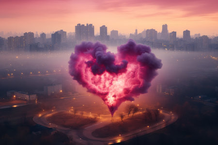 big pink heart made of smoke on background of the evening metropolis and clouds. Love, romantic.の素材