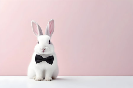 a white rabbit in a bow tie on a rose background, easter, magic.place for textの素材