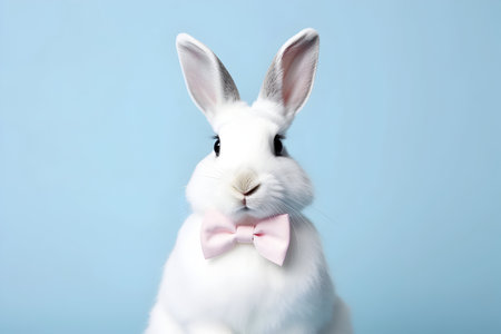a white rabbit in a bow tie on a blue background, easter, magic.の素材