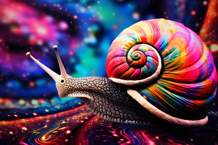 snail with a colored shell on a soft psychedelic line background.の素材