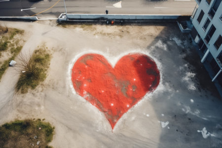 a red heart painted on the gray asphalt. romance, love, top viewの素材
