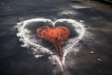 a white and red heart painted on the gray asphalt. romance, love.の素材