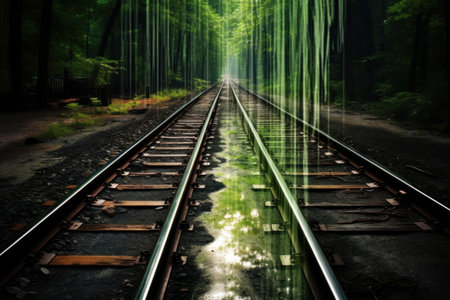 surreality.vertical lines of light. outgoing rails. calming rhythms. green natural background.の素材