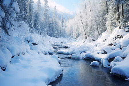 winter landscape in the forest with river on the blue skyの素材