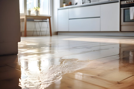 many water on the floor in the white kitchen.flooding, neighbors, leaky faucetの素材