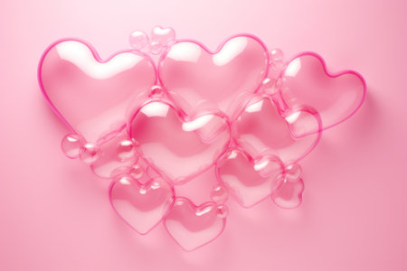 transparent gel soap bubble in the shape of a heart on a pink backgroundの素材