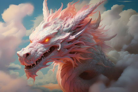 A magical dragon with burning eyes in clouds of pastel colorsの素材