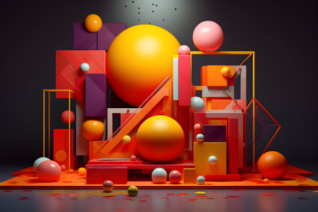 black background with multicolored volumetric geometric shapes.spheres and cubes.の素材