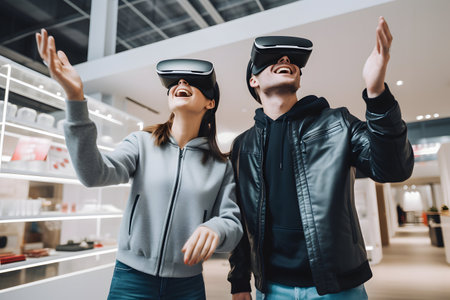 couple a young woman and woman wearing virtual reality glasses in a store.technologies of the future.の素材