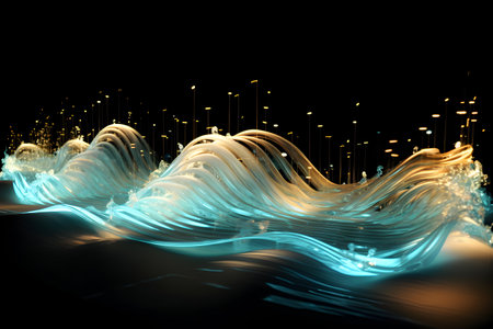 Luminescent turquoise gold wave lines background.の素材
