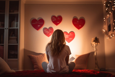 A young girl is sitting on the bed with her back to the camera and holding a note. Valentine hearts on the wall.の素材