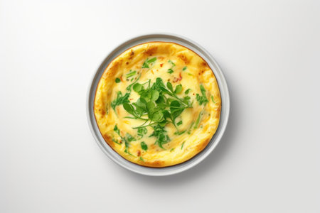 top view of omelet with vegetables and herbs.frittata.breakfast.の素材