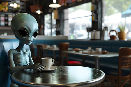 alien seat in the cafe on the table with coffee .soft cafe backgroundの素材