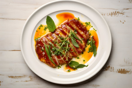 Saltimbocca on a white plate on a wooden white background. top view.の素材
