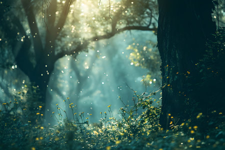 forest with atmospheric light, grass, flowers and leaves, light through the trees.の素材