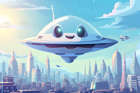 cartoon ufo over the city. illustration.の素材