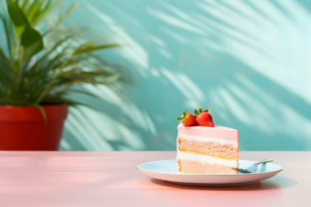 a piece of cake in layers on a plate on a turquoise pink background with a flower in a pot.の素材