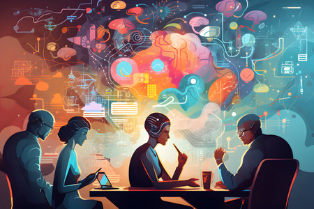 group of people solving the problem. illustration brainstorming. different ideas and directions.の素材