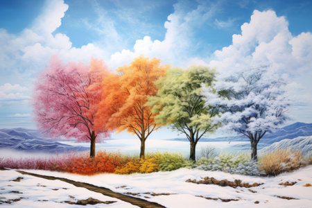 four trees of different colors. seasons.の素材