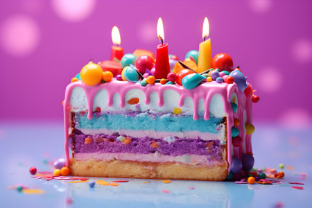 a bright multicolored layered piece of cake with burning candle on a blue and lilac background.の素材
