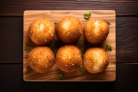 Arancini. risotto balls. top view on a wooden desk.の素材