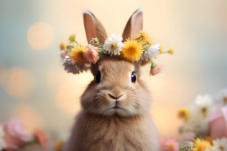 bunny with a flowers on a pastel soft background with flowers and bokeh. Easter concept.の素材