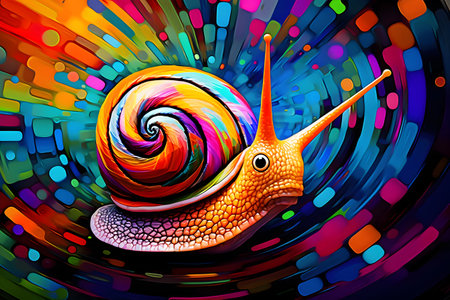 snail with a colored shell on a psychedelic background.の素材