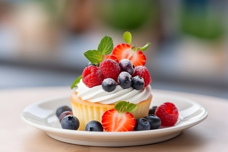 cupcake with cream and berries on a white plate on a soft background.の素材