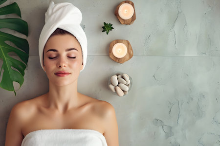 young woman with her eyes closed on spa background. candles and a stone. place for the description.の素材
